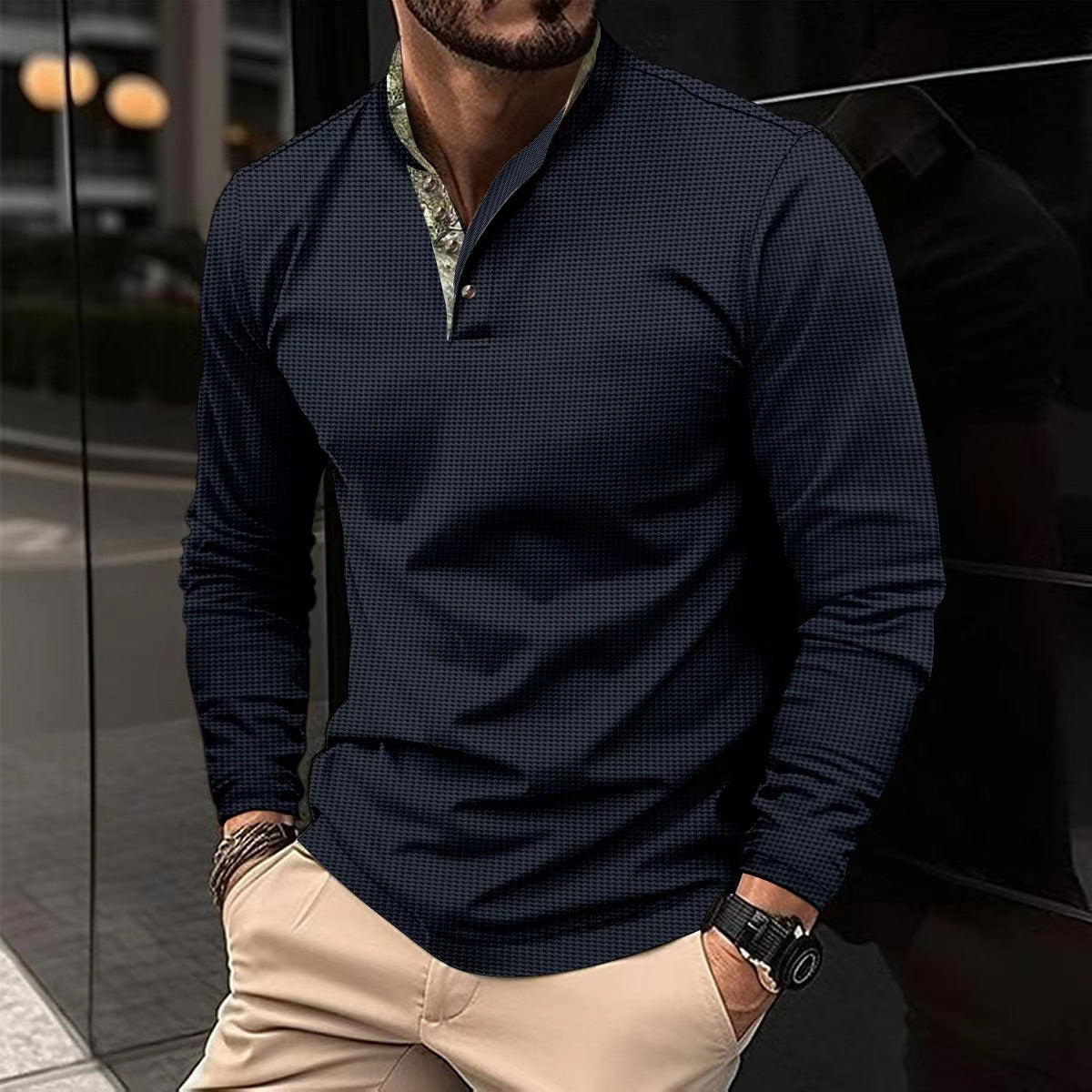 Men's Double Layer Lapel Polo Shirt Fashion Waffle Long-sleeved Tops Clothing - TWENTY ONE SEVEN