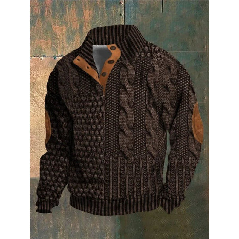 3D Printed Polo Sweater for Men - Trendy Stand Collar Buckle Design