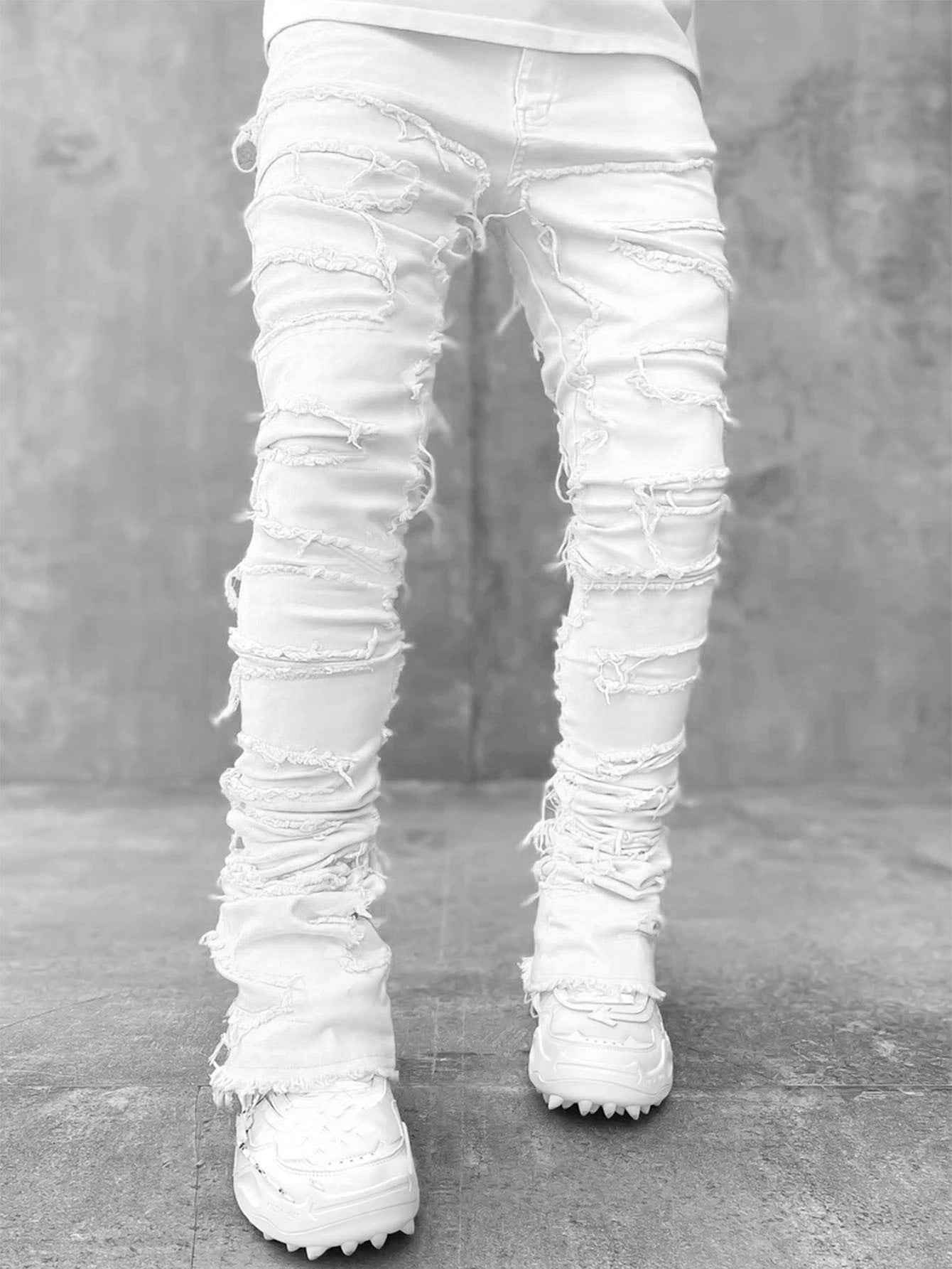 Men's Stacked Jeans for Men - Individual Patched Long Tight Fit Pants
