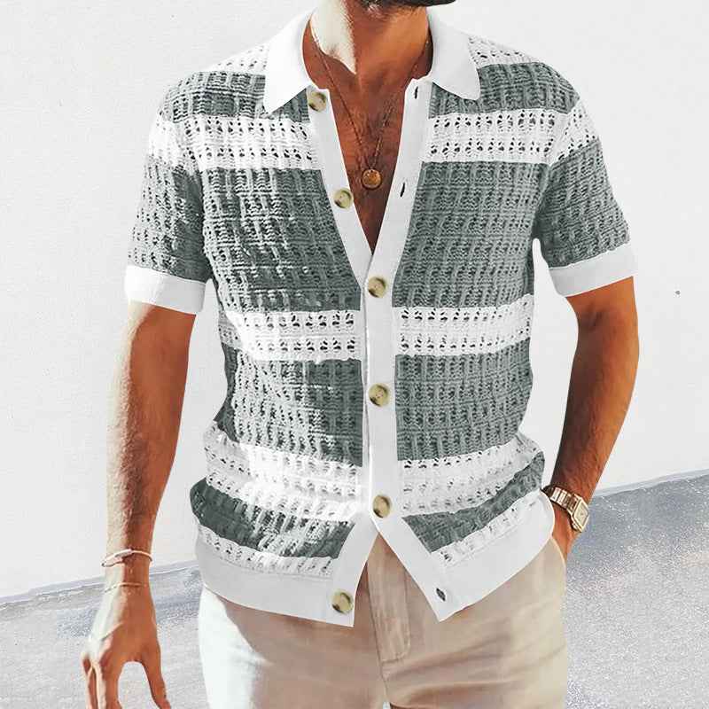 Summer Luxury Men's Polo Neck Cardigan Short Sleeve Knitted Shirt Breathable Top Coat