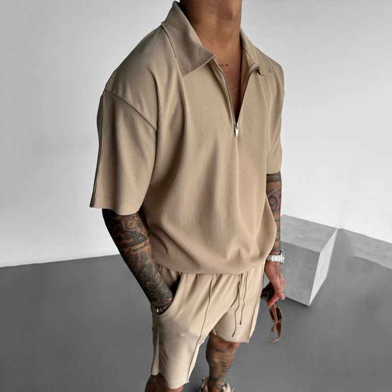 Men's Casual Summer Set - Stylish Zipper Polo & Drawstring Shorts
