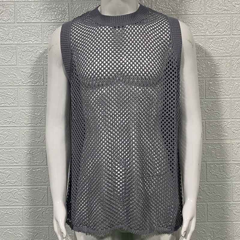 Solid Color Hollow Knitted Vest - Round Neck Sleeveless Design