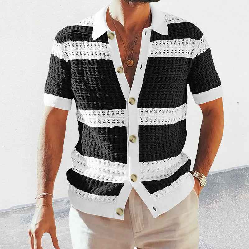 Summer Luxury Men's Polo Neck Cardigan Short Sleeve Knitted Shirt Breathable Top Coat