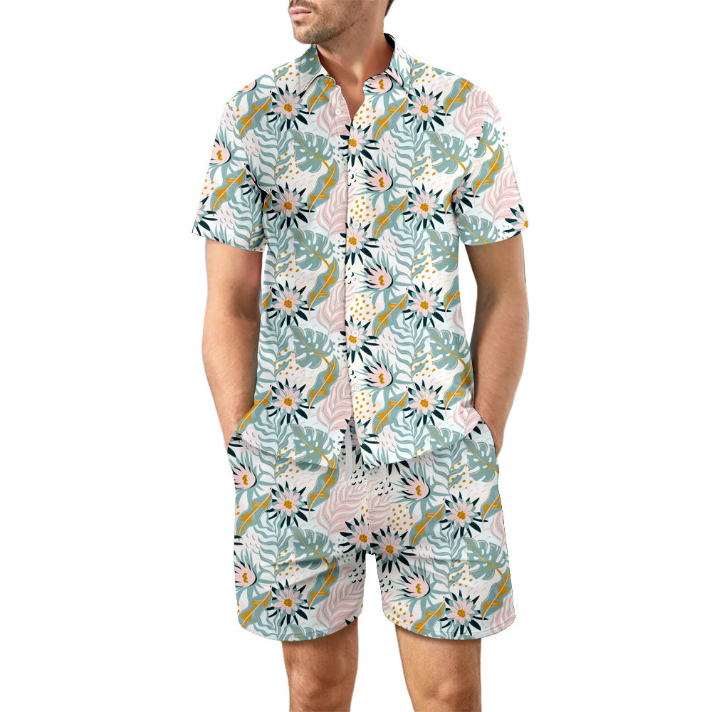 2Pcs Printed Beach Shirt Summer Suit Loose Lapel Button Top And Drawstring Pockets Shorts Casual Short Sleeve Suits For Men Clothing - TWENTY ONE SEVEN