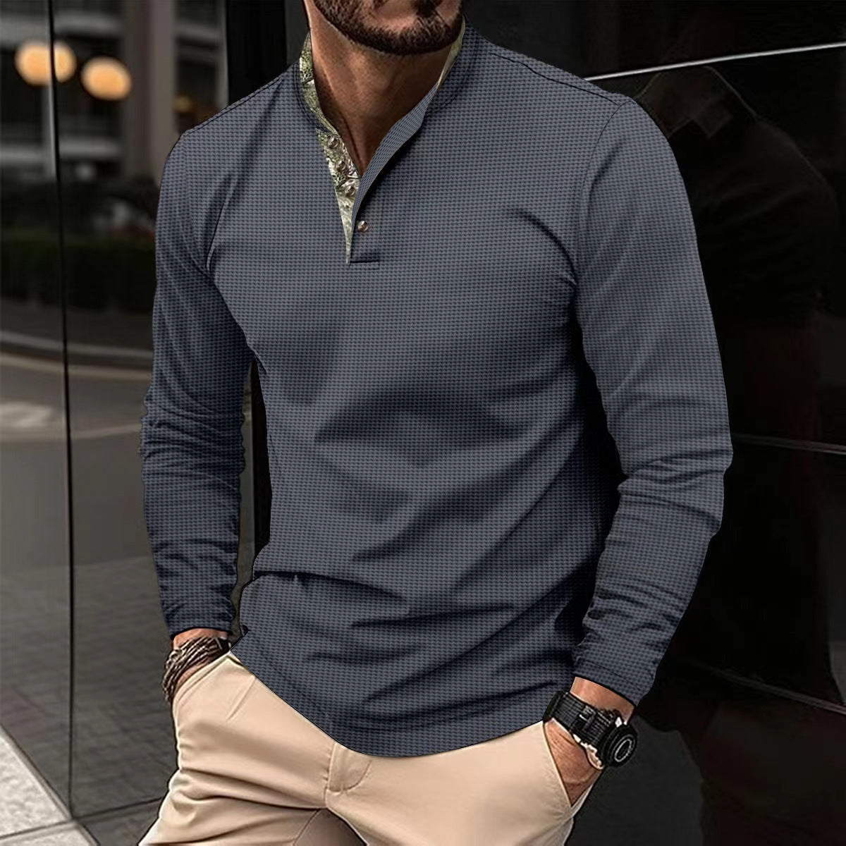 Men's Double Layer Lapel Polo Shirt Fashion Waffle Long-sleeved Tops Clothing - TWENTY ONE SEVEN