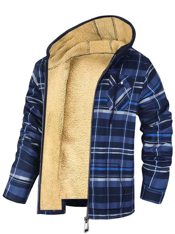 Men's Plaid Hooded Jacket Winter Thickened Cotton-Padded Coat Warm Clothing