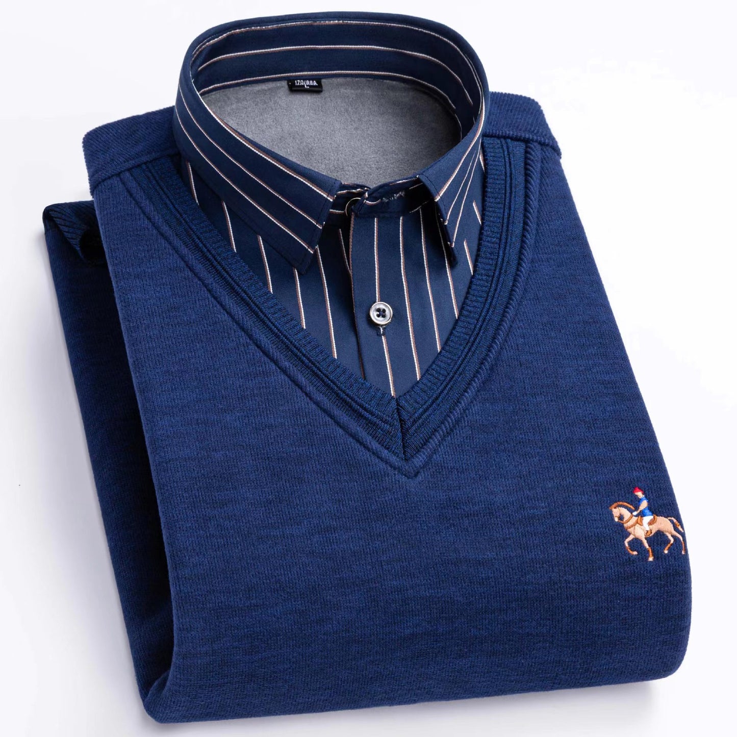Fleece-lined Pullover Sweater - Thickened Fake Shirt Collar Leisure Warm Knit