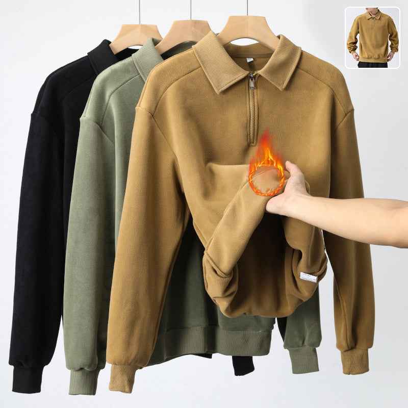 Fashion Lapel Men's Fleece Half-Zip Sweatshirt Winter Warm Long Sleeve Top