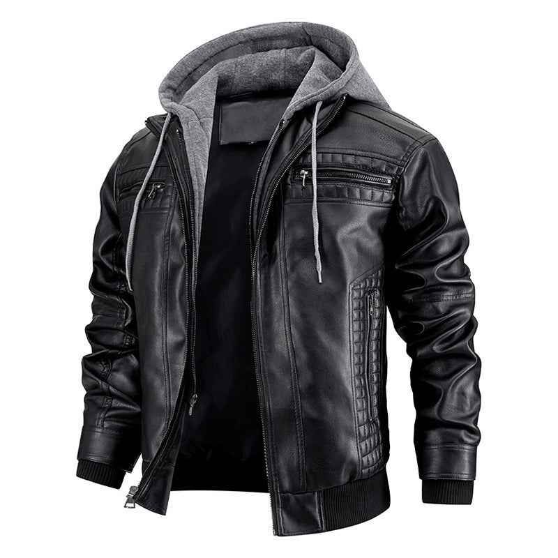 Hooded Leather Jacket with Zipper Pockets - Warm PU Leather Coat for Men