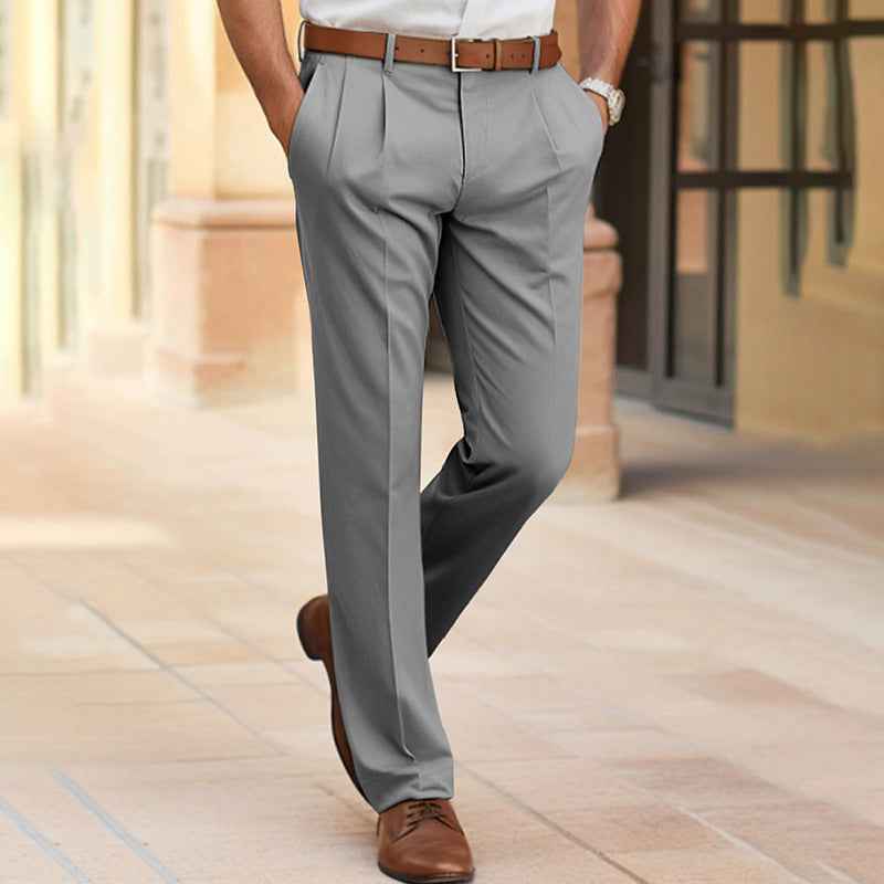 Men's Casual Suit Pants - Mid Waist Straight Long Trousers for Office Business Formal