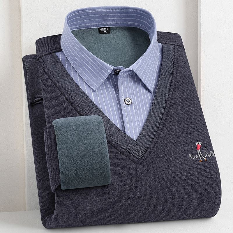 Fleece-lined Pullover Sweater - Thickened Fake Shirt Collar Leisure Warm Knit