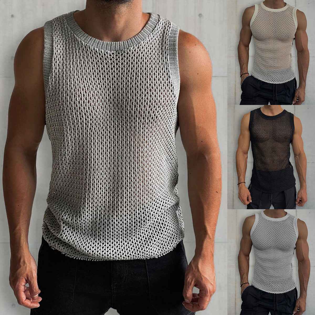 Solid Color Hollow Knitted Vest - Round Neck Sleeveless Design