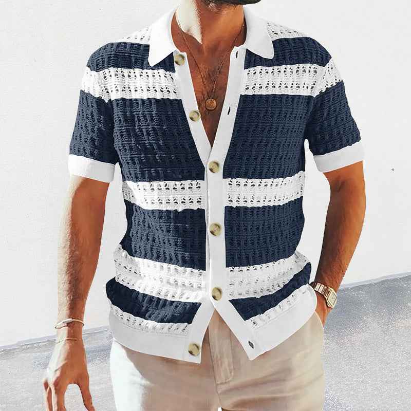 Summer Luxury Men's Polo Neck Cardigan Short Sleeve Knitted Shirt Breathable Top Coat