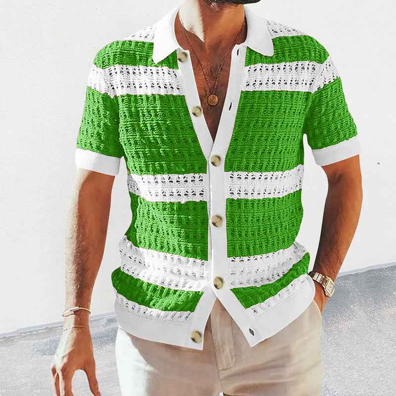 Summer Luxury Men's Polo Neck Cardigan Short Sleeve Knitted Shirt Breathable Top Coat
