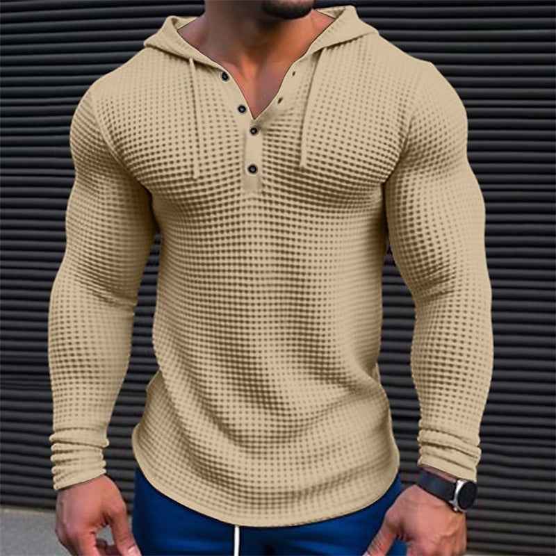 Men's Casual Long Sleeve T-shirt Waffler Slim Pullover Sweatshirt Solid Color Comfortable Outdoor Streetwear S-3XL
