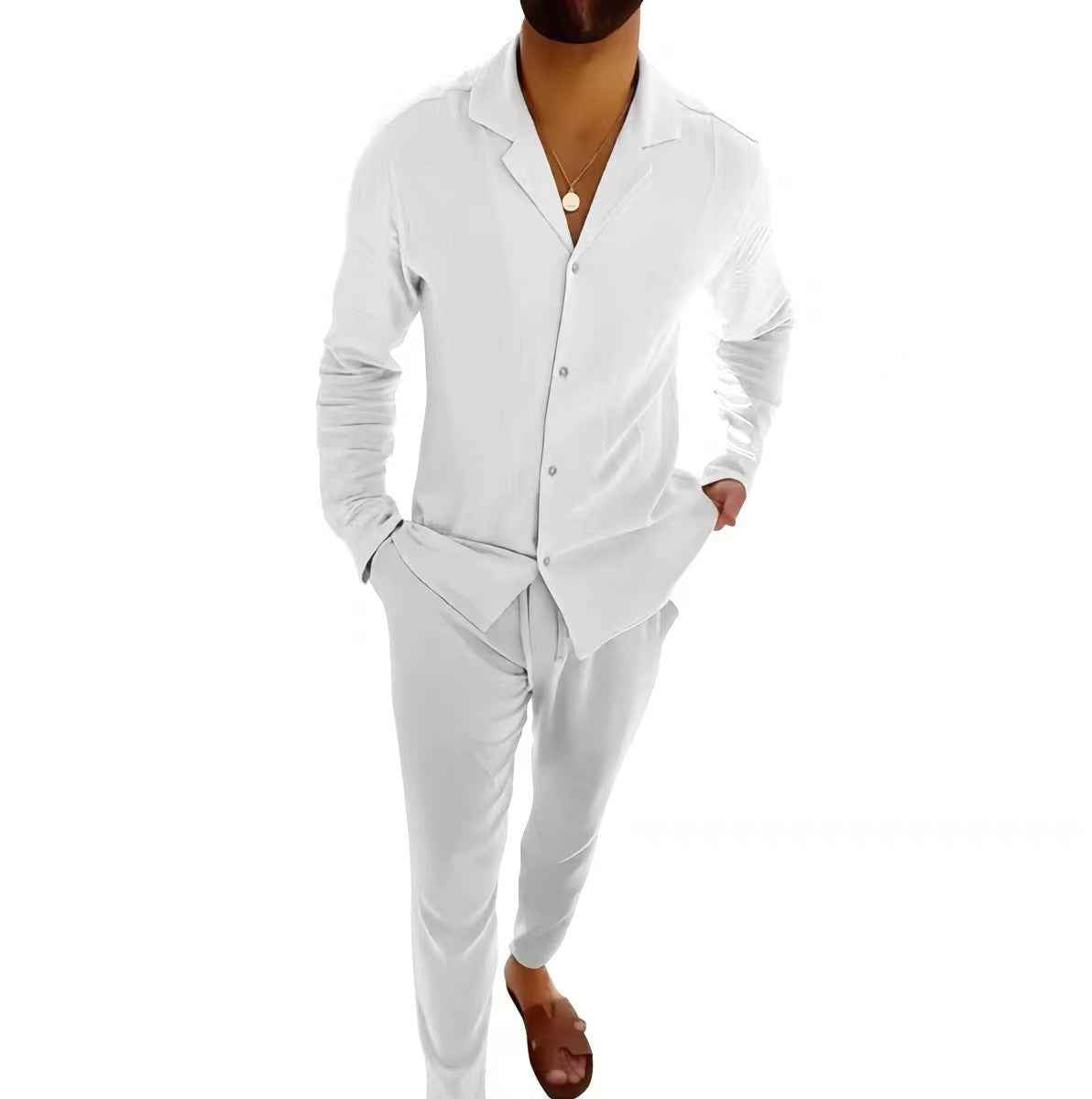 Men's Casual Long-sleeved Suit with Lapel Shirt Top and Slim-fit Trousers