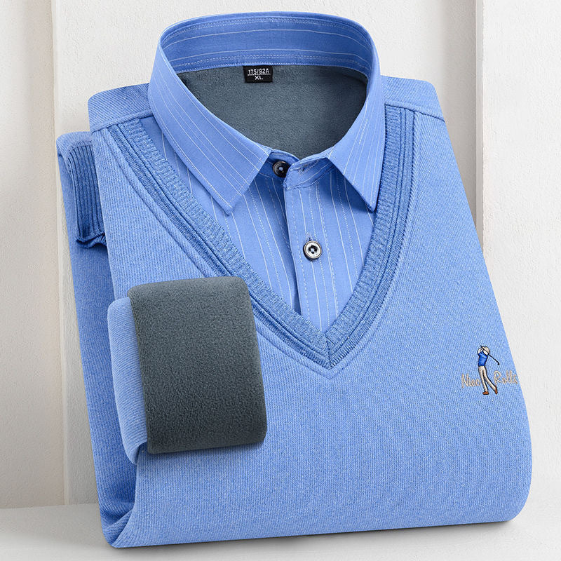 Fleece-lined Pullover Sweater - Thickened Fake Shirt Collar Leisure Warm Knit