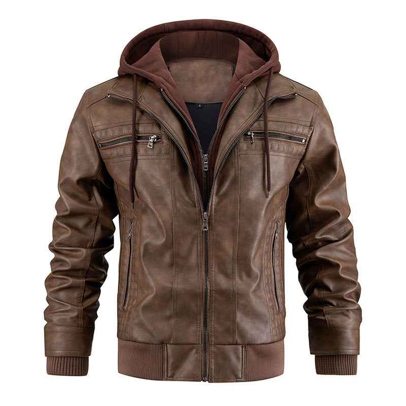 Hooded Leather Jacket with Zipper Pockets - Warm PU Leather Coat for Men