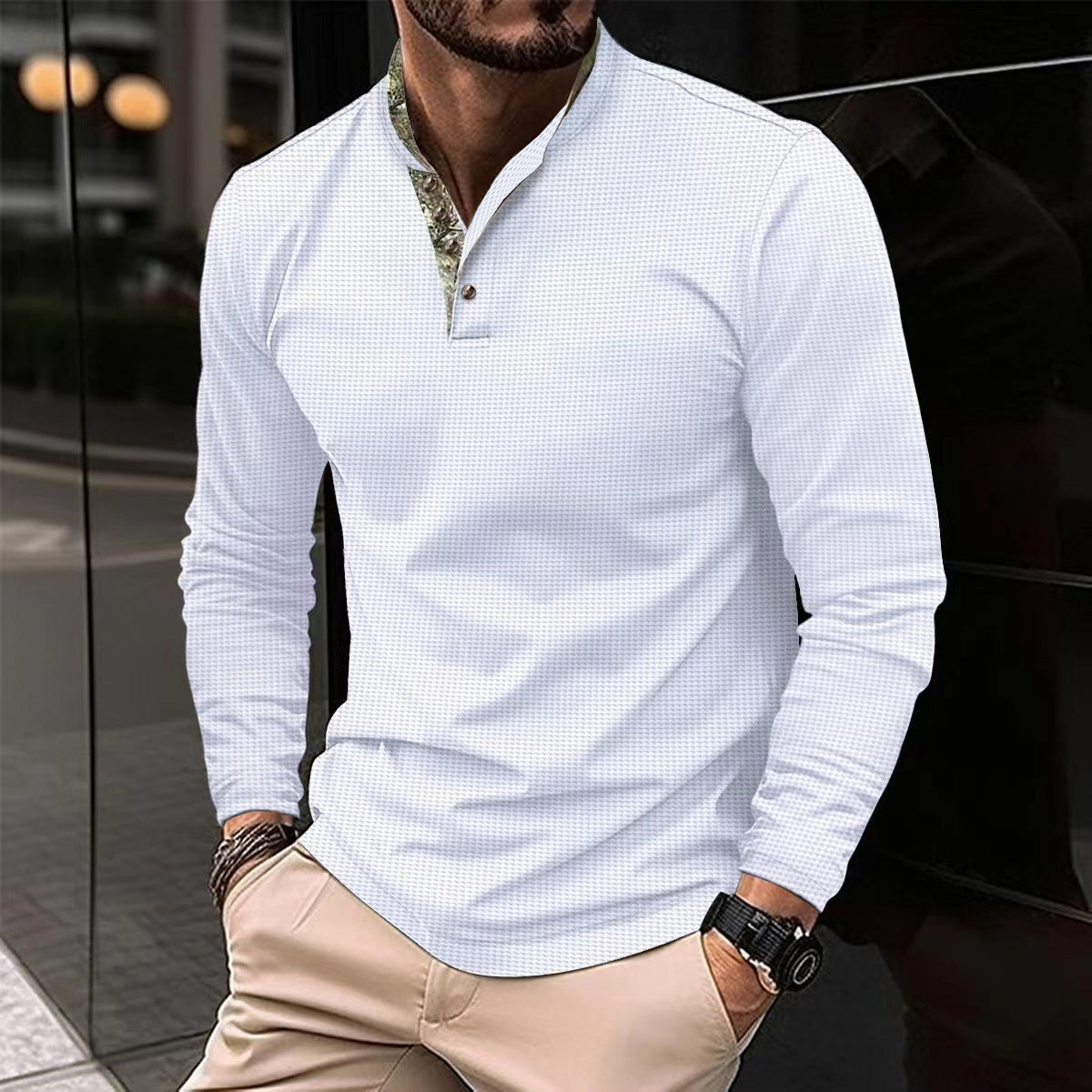 Men's Double Layer Lapel Polo Shirt Fashion Waffle Long-sleeved Tops Clothing - TWENTY ONE SEVEN