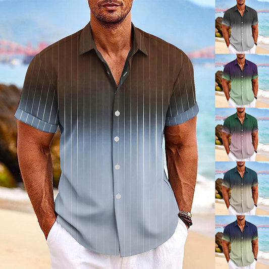 Lapel Button Short-sleeved Shirt Summer Fashion Gradient Striped Print Beach Shirt Leisure Tops Men's Clothing - TWENTY ONE SEVEN