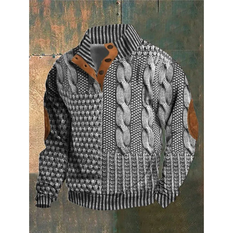 3D Printed Polo Sweater for Men - Trendy Stand Collar Buckle Design
