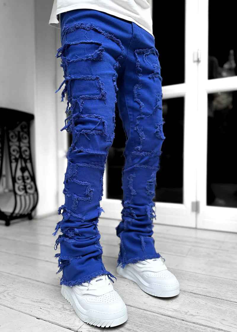 Men's Stacked Jeans for Men - Individual Patched Long Tight Fit Pants