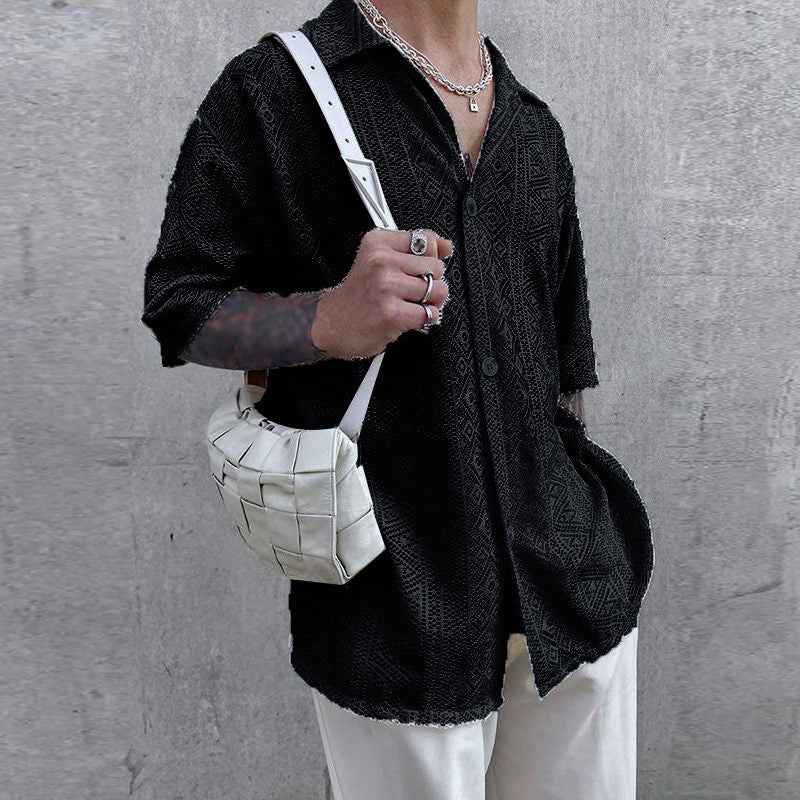 Fashion Hollow Short Sleeve Shirt Summer Mesh Lapel Button Tops - Trendy Hollow Short Sleeve Shirt