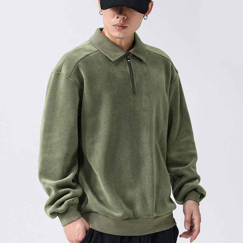 Fashion Lapel Men's Fleece Half-Zip Sweatshirt Winter Warm Long Sleeve Top