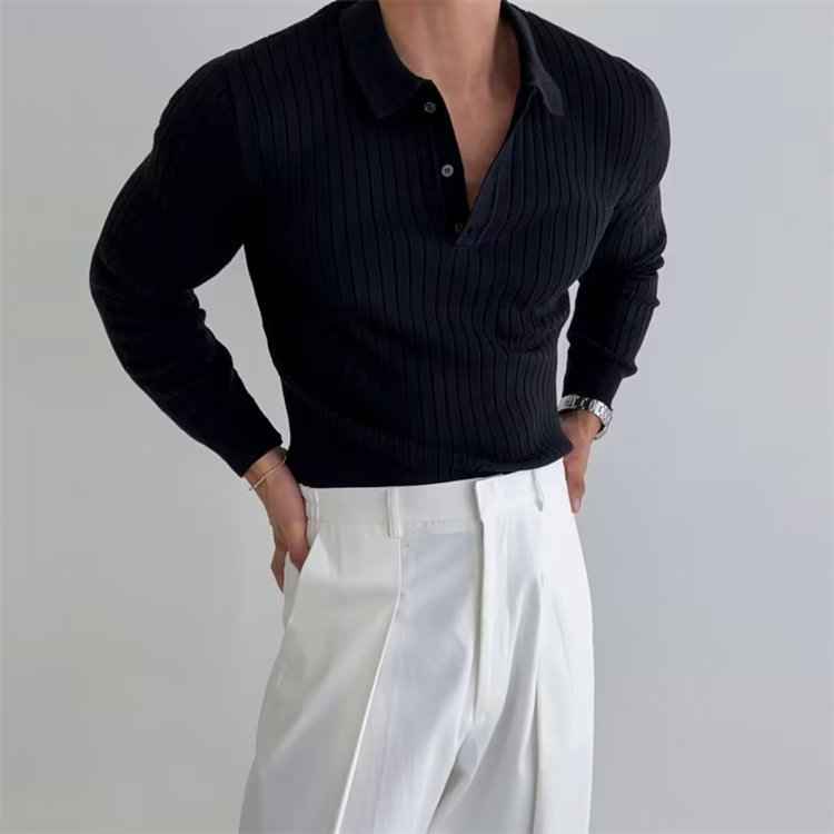 Lapel Button Slim Fit Polo Shirt Long Sleeve Knitted Bottoming Top for Men