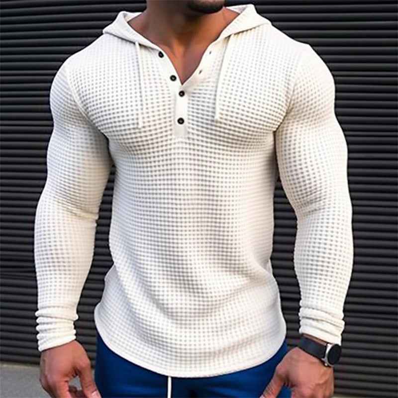 Men's Casual Long Sleeve T-shirt Waffler Slim Pullover Sweatshirt Solid Color Comfortable Outdoor Streetwear S-3XL