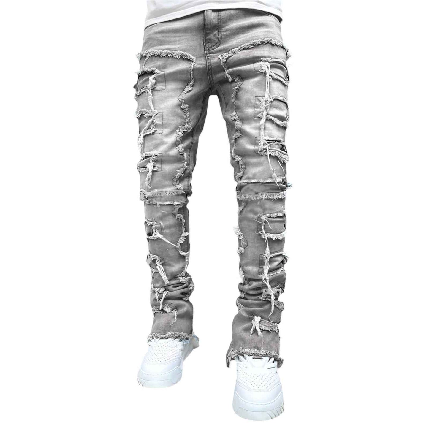 Men's Stacked Jeans for Men - Individual Patched Long Tight Fit Pants