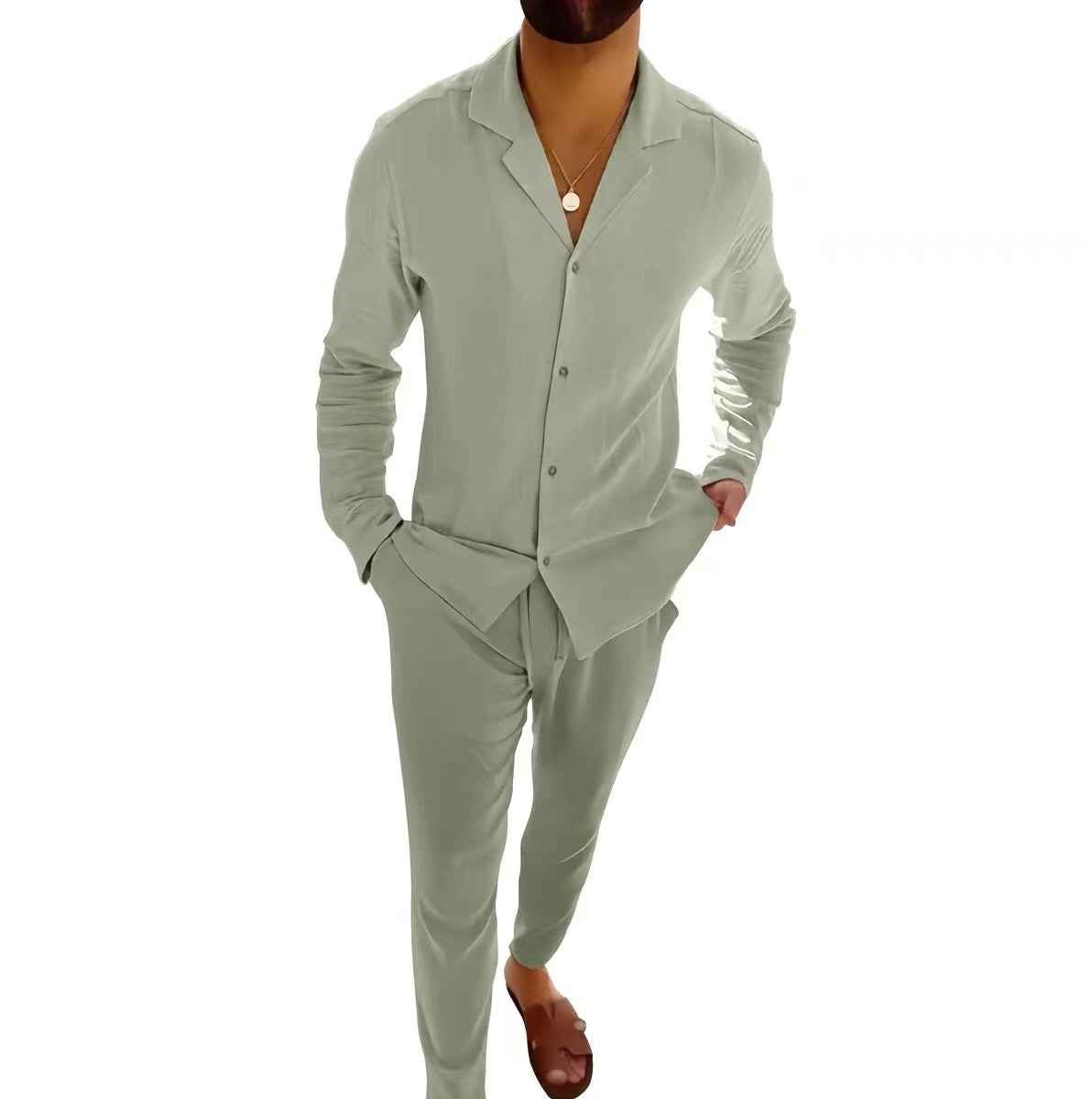 Men's Casual Long-sleeved Suit with Lapel Shirt Top and Slim-fit Trousers
