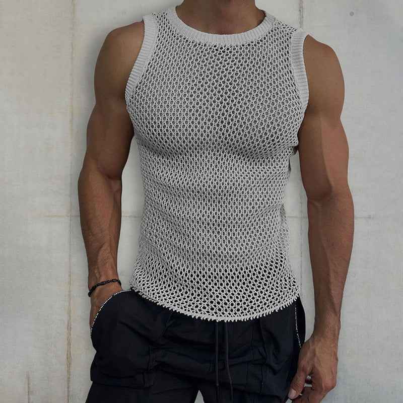 Solid Color Hollow Knitted Vest - Round Neck Sleeveless Design