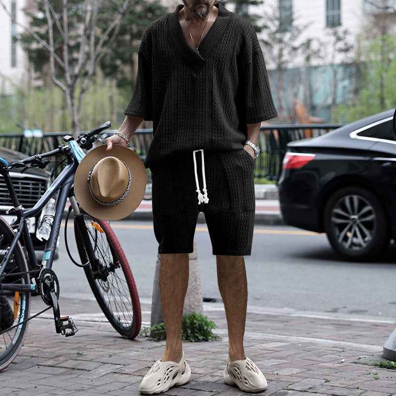 Casual Jacquard Suit Set: Summer V-neck Short-sleeved T-shirt & Drawstring Pocket Shorts 2pcs for Men