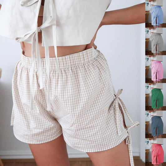 Y2K Plaid Print Shorts with Lace-up Design – Summer Fashion Elastic Band Pants for Women