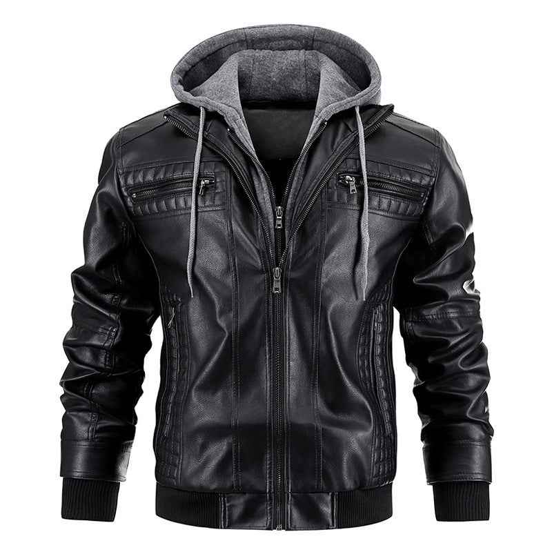 Hooded Leather Jacket with Zipper Pockets - Warm PU Leather Coat for Men