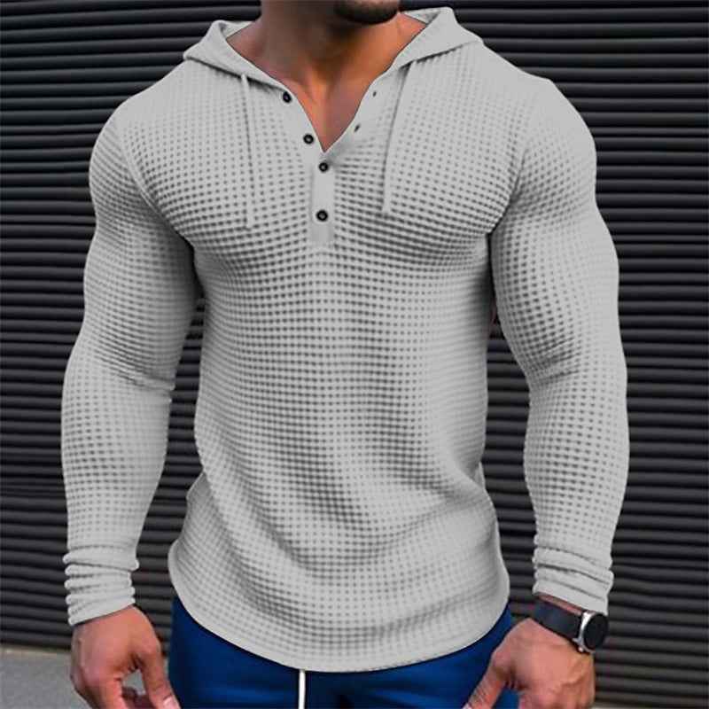 Men's Casual Long Sleeve T-shirt Waffler Slim Pullover Sweatshirt Solid Color Comfortable Outdoor Streetwear S-3XL