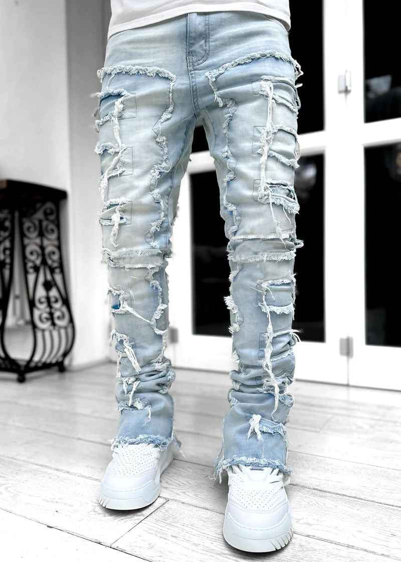 Men's Stacked Jeans for Men - Individual Patched Long Tight Fit Pants