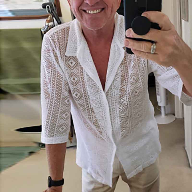 Fashion Hollow Short Sleeve Shirt Summer Mesh Lapel Button Tops - Trendy Hollow Short Sleeve Shirt