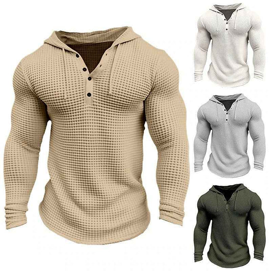 Men's Casual Long Sleeve T-shirt Waffler Slim Pullover Sweatshirt Solid Color Comfortable Outdoor Streetwear S-3XL