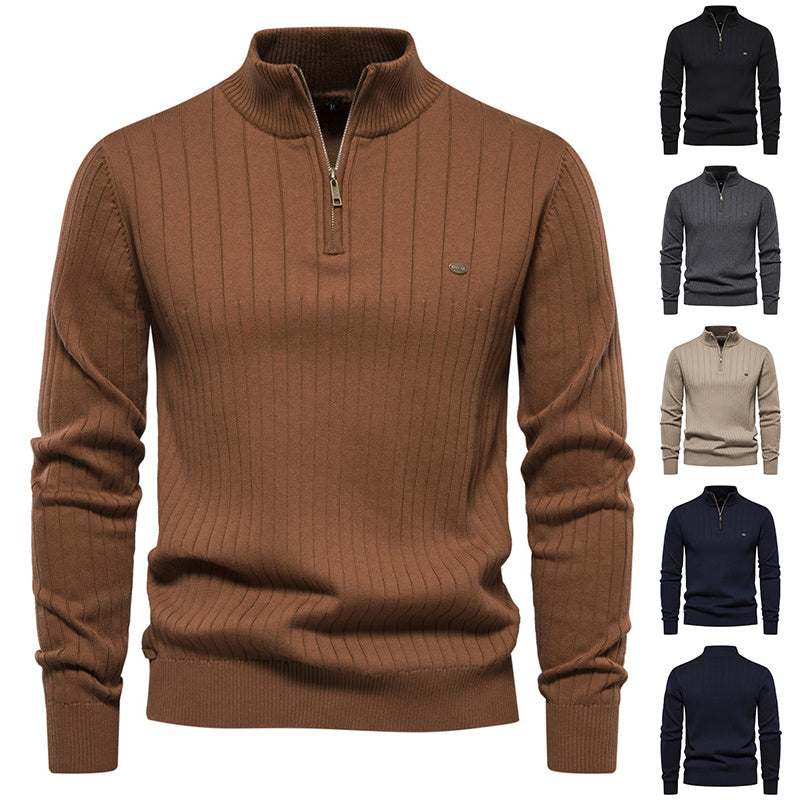 Men's Stand Collar Sweater Fashion Half-zipper Solid Color Striped Knit Sweater High Quality Slim Fit Top Clothing - TWENTY ONE SEVEN