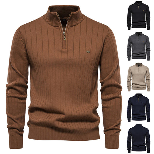 Men's Stand Collar Sweater Fashion Half-zipper Solid Color Striped Knit Sweater High Quality Slim Fit Top Clothing - TWENTY ONE SEVEN
