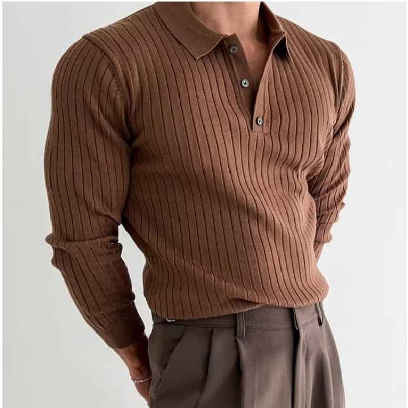 Lapel Button Slim Fit Polo Shirt Long Sleeve Knitted Bottoming Top for Men