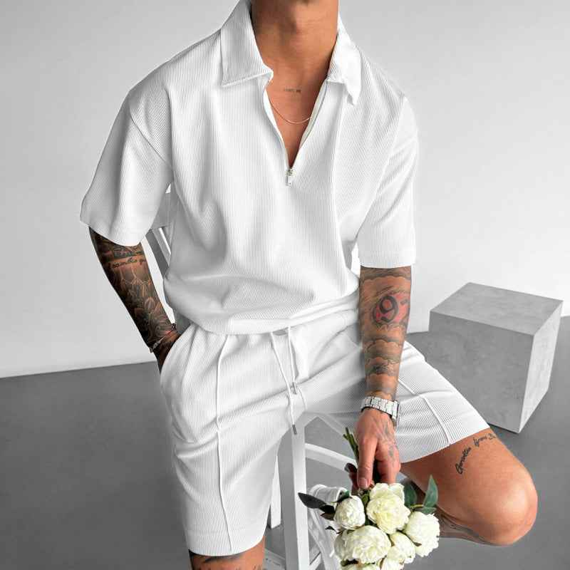 Men's Casual Summer Set - Stylish Zipper Polo & Drawstring Shorts