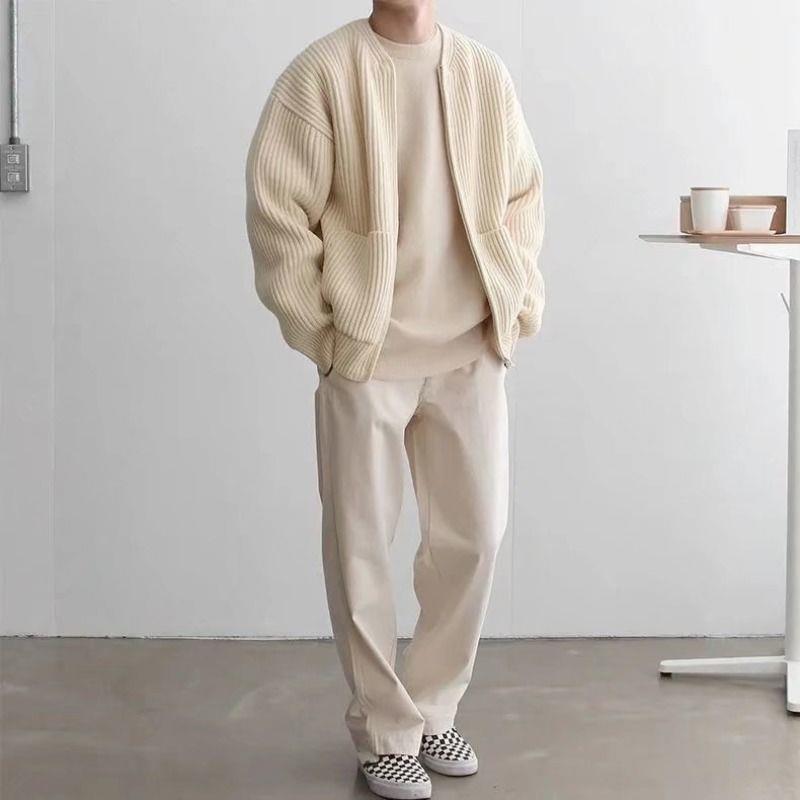 Men Zip Up Knitted Cardigan Lined Funnel Neck Jumper Sweater Pockets Coat All Seasons Comfortable Soft Long Sleeve - TWENTY ONE SEVEN