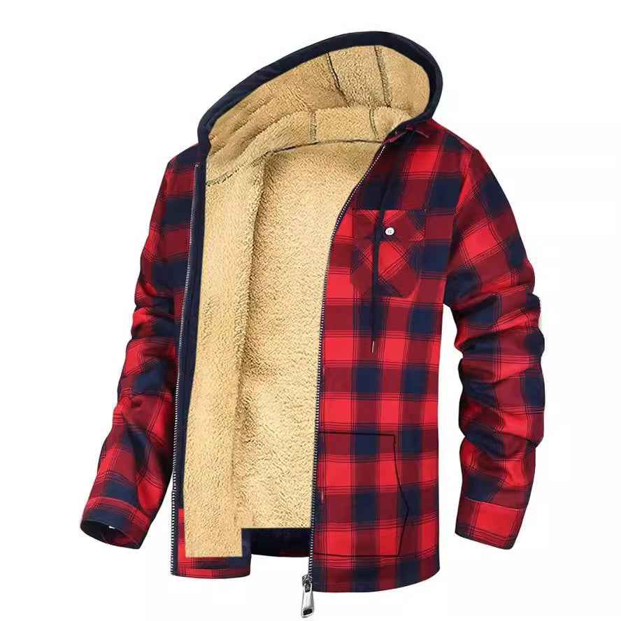 Men's Plaid Hooded Jacket Winter Thickened Cotton-Padded Coat Warm Clothing