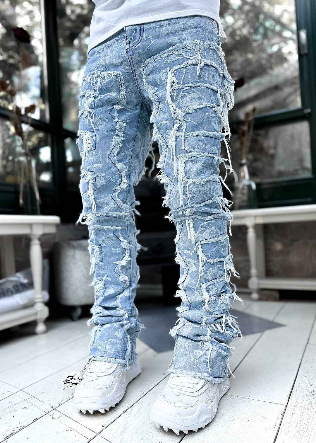 Men's Stacked Jeans for Men - Individual Patched Long Tight Fit Pants