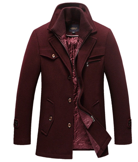 Autumn Winter Men's Winter Windbreaker Coat Thick Double Collar Wool Long Section