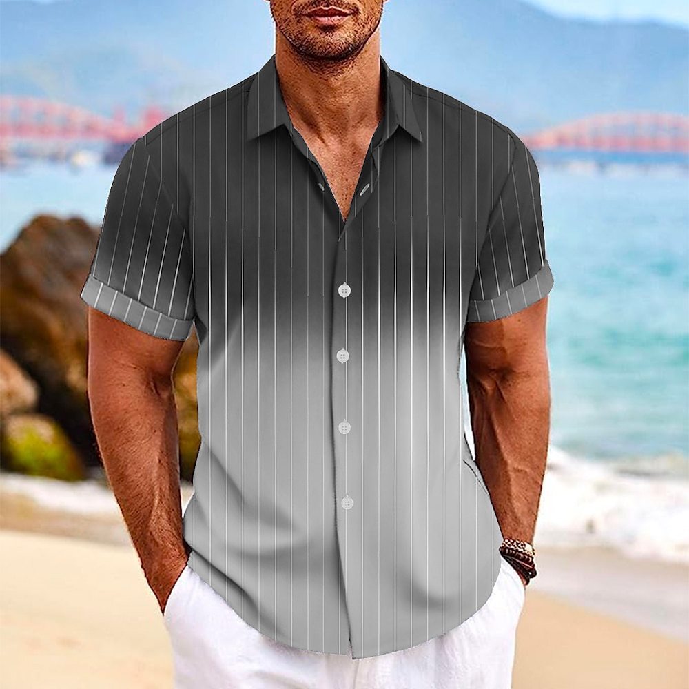 Lapel Button Short-sleeved Shirt Summer Fashion Gradient Striped Print Beach Shirt Leisure Tops Men's Clothing - TWENTY ONE SEVEN