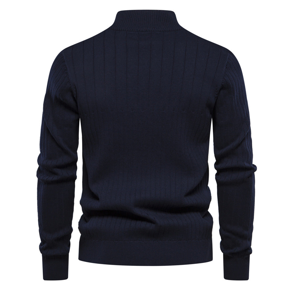 Men's Stand Collar Sweater Fashion Half-zipper Solid Color Striped Knit Sweater High Quality Slim Fit Top Clothing - TWENTY ONE SEVEN